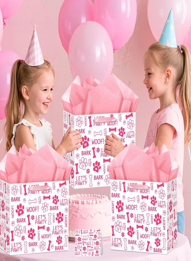 Woosytoo Pink Dog Paw Print Birthday Gift Bags Pet Birthday Party Decoration Puppy Favors Goodie Bag with Card Tissue Paper Let's Pawty Party Decorations Pink Dog Paw Wrapping Paper Bag for Boys Girls Pet Bday Decor - Image 2
